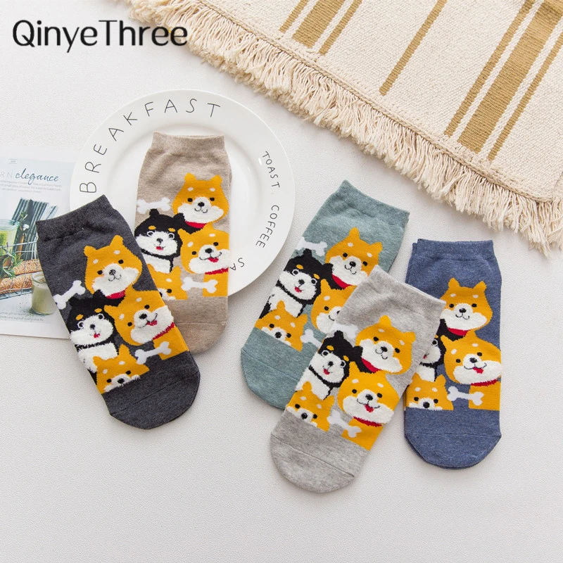 Cute cartoon shiba feather decorated ankle socks girls funny fox dog chick cat rabbit short socks unisex animal sox Dropship