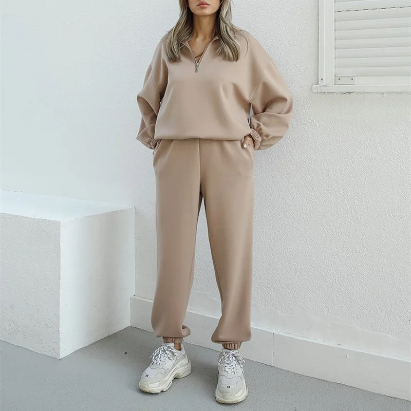 

Apricot Sportswear Women Two Piece Set 2022 Autumn Winter New Fashion Long Sleeve Zipper Pullover Top & Trousers Casual Suit