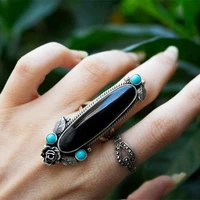 boho black onyx ring cubic zirconia silver color ring statement ring floral ring black stone ring