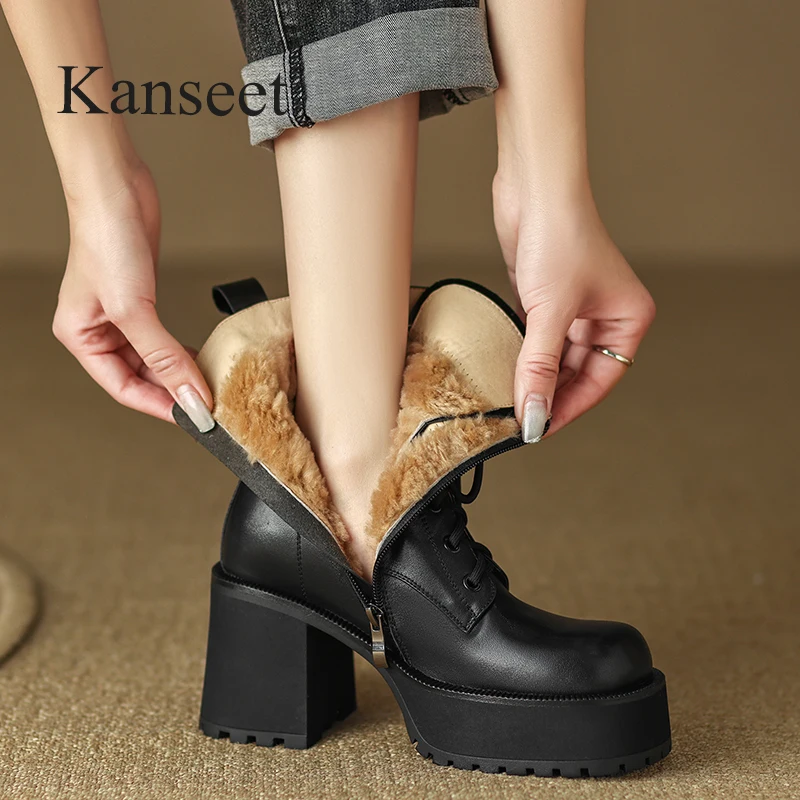 

Женские ботильоны из натуральной кожи Kanseet, черные ботинки на платформе с круглым носком, на меху и толстом высоком каблуке, с молнией, зима 2022