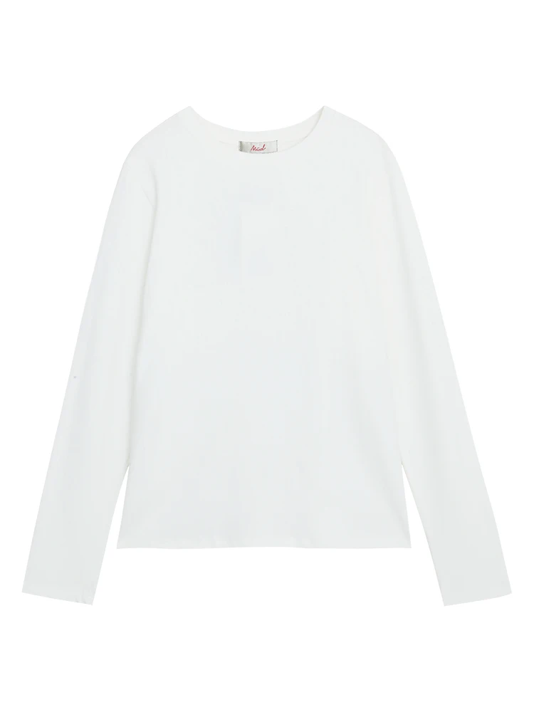 Белая хлопковая рубашка с круглым вырезом и длинными рукавами женская осенняя