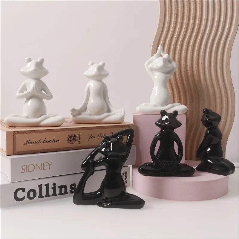 

Mini White Black Yoga Frogs Statue Garden Decoration Accessories Meditating Frog Miniature Figurine Zen Home Jardin Yard Decor