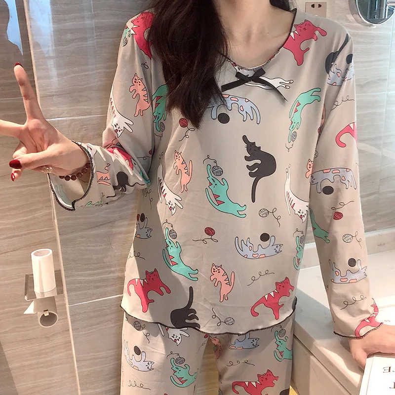 Autumn New Women's Pajamas Thin Milk Silk Long Sleeve Bowknot Princess Style Cartoon Cute Girl Homewear