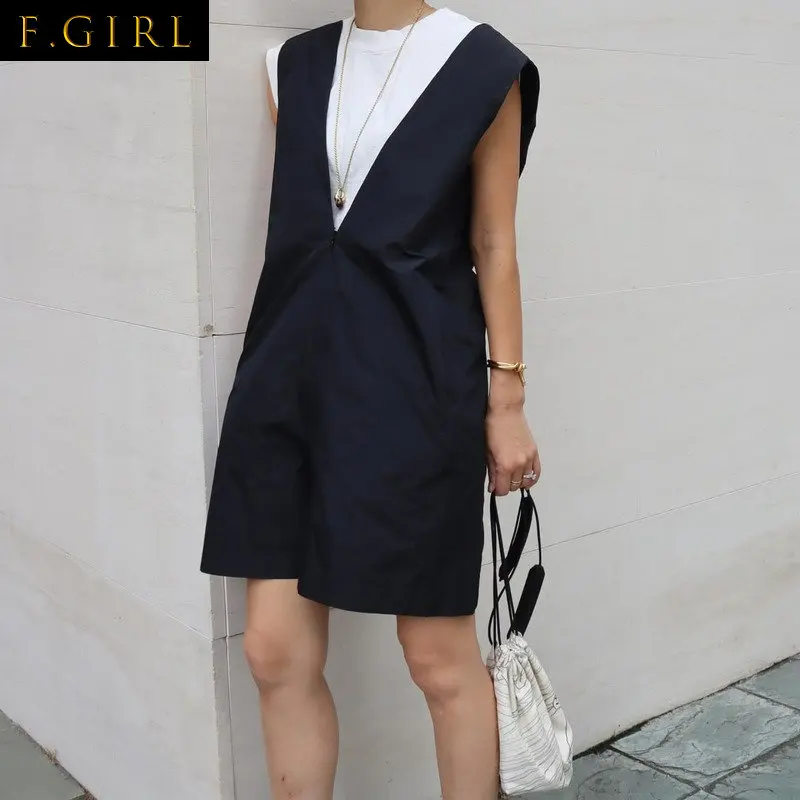 

F GIRLS New Japanese Retro BF Style Fashion Bodysuit Large V Neck Suspender High Waist Loose Thin Jumpsuit Solid Color Shorts