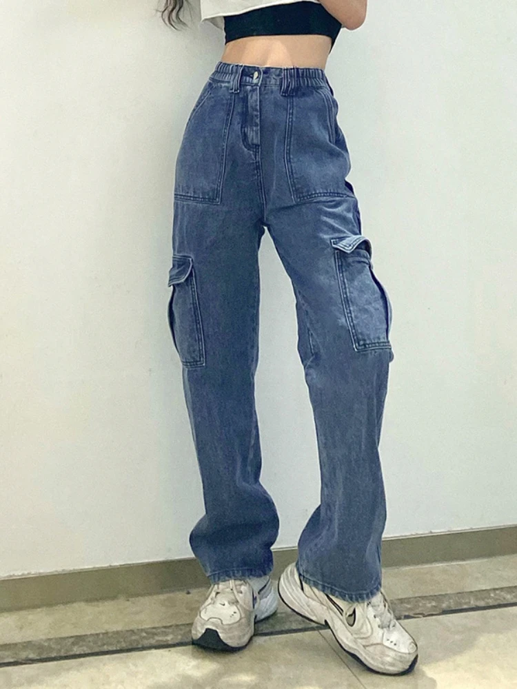 WeiYao Women Elastic Waist Jeans Y2K Streetwear Wide Leg Denim Cargo Jean Pants Loose Pockets Cotton Baggy Trousers femme 2022
