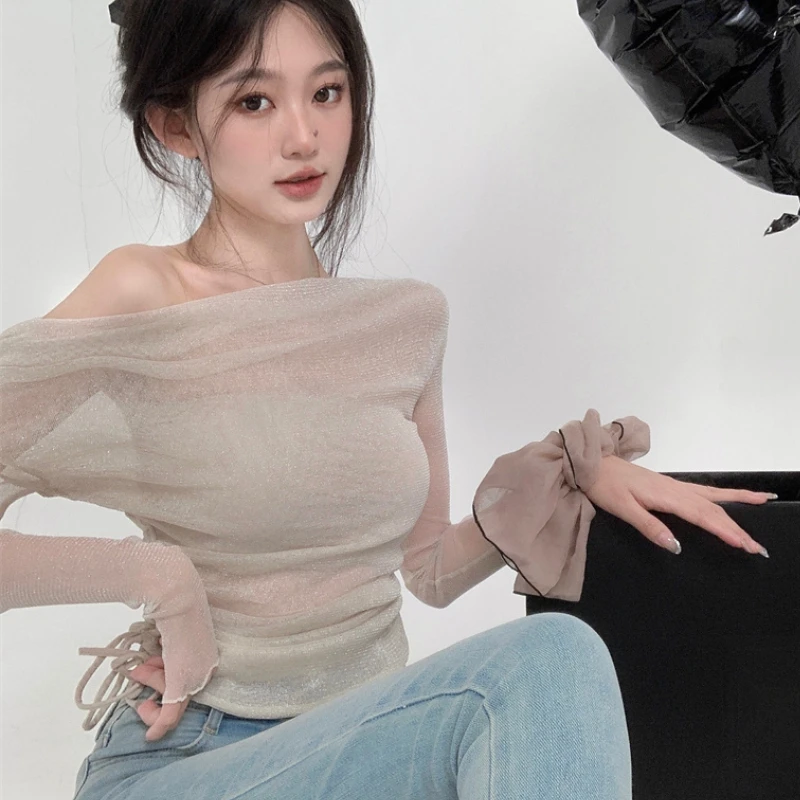 

Вязаный кроп 2023 стильная Весенняя сетчатая эластичная Корейская Ретро футболка с длинными рукавами женская футболка с кулиской топы для