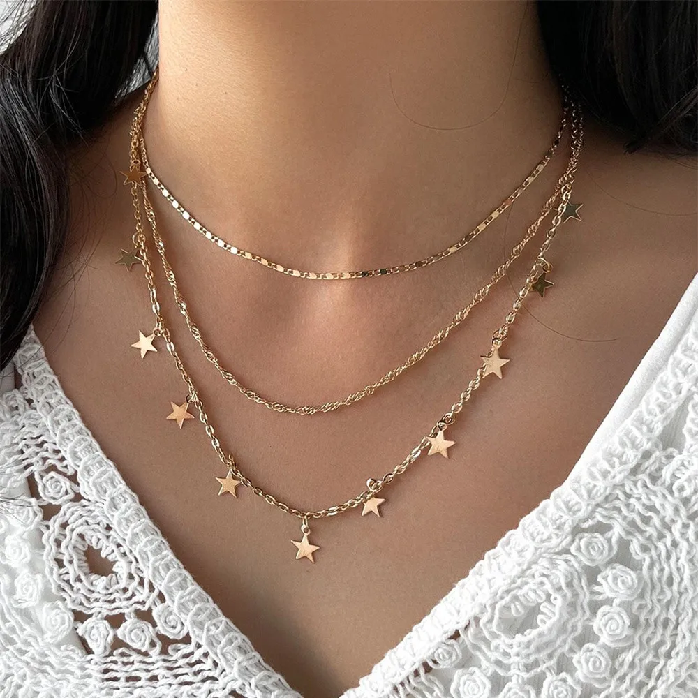 

Vintage Geometric Fashion Gold Color Punk Chain Five-pointed Star Pendant Necklace For Women Boho Multilevel Choker Jewelry Gif