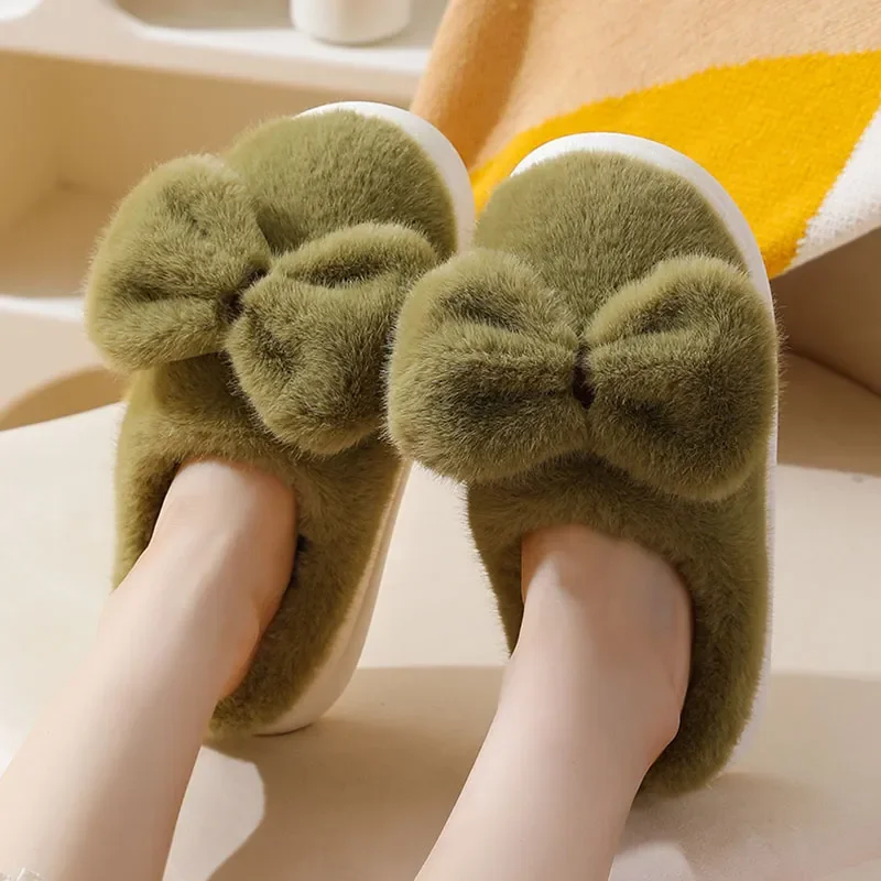 

Sweet Bowknot Fluffy Slippers Women 2023 New Keep Warm Winter Home Slippers Woman Solid Color Lovely Indoor Plush Shoes Ladies