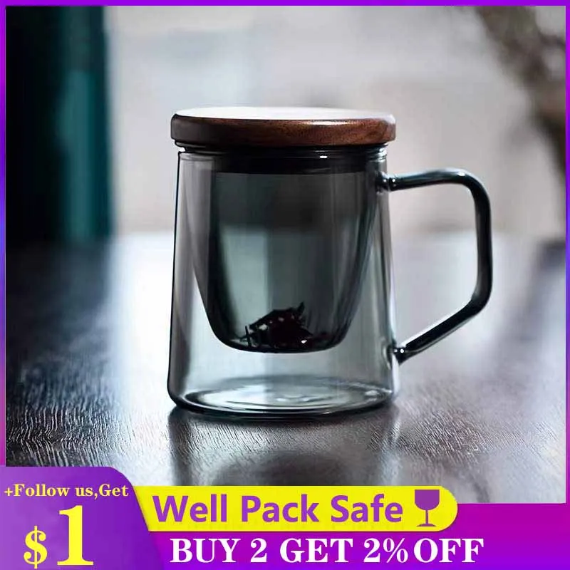 

HMLOVE High Boron Silicon Glass Teacups Wood Cover Tea Ceremony Scald Proof Handle Home Teawear Sets Cup With Strainers 400ML