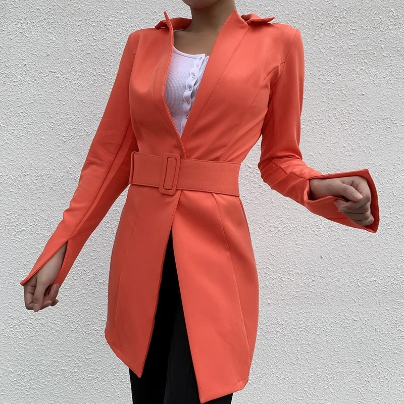Women Buttonless Solid Color Mid Length Casual Blazer Suit 2023 New Fashion Commute Wear Simple Office Blazer with Free Big Belt