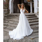 Женское атласное свадебное платье без рукавов, длинное ТРАПЕЦИЕВИДНОЕ ПЛАТЬЕ со шлейфом и глубоким V-образным вырезом, Простое Элегантное платье невесты, 2022