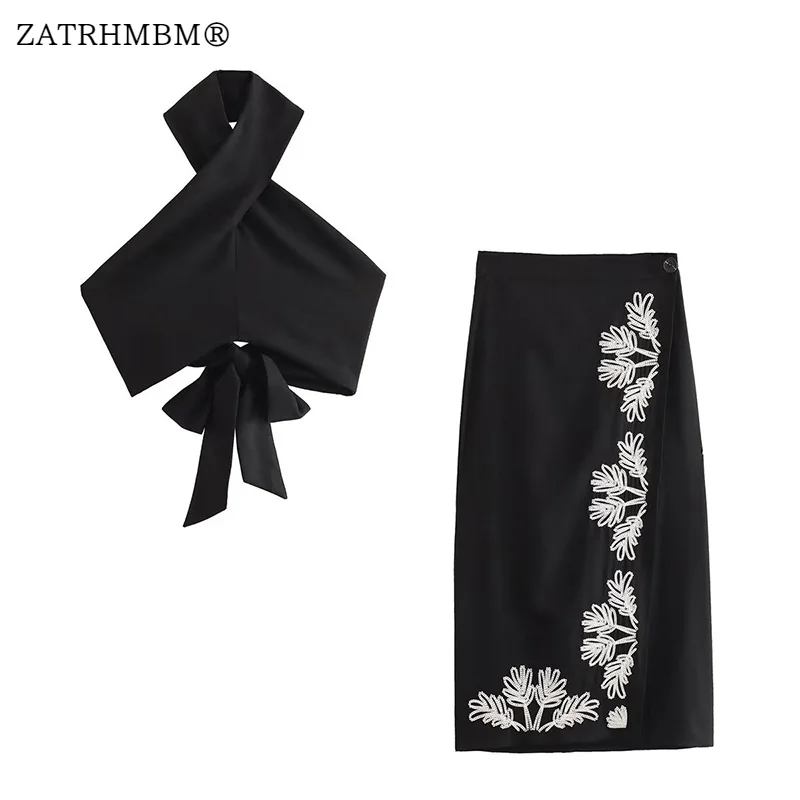 

Женские юбки ZATRHMBM 2023, комплект из 2 предметов, Модный черный топ с воротником-хомутом и юбка миди с высокой талией, Женский комплект из двух предметов