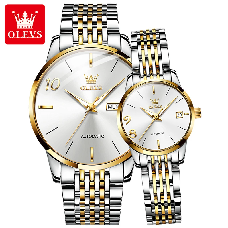OLEVS Luxury Gold Plated Couple Watch Top Brand Men Womens Watches Luminous 30M Waterproof Mechanical Watch Weekly Calendar 6632