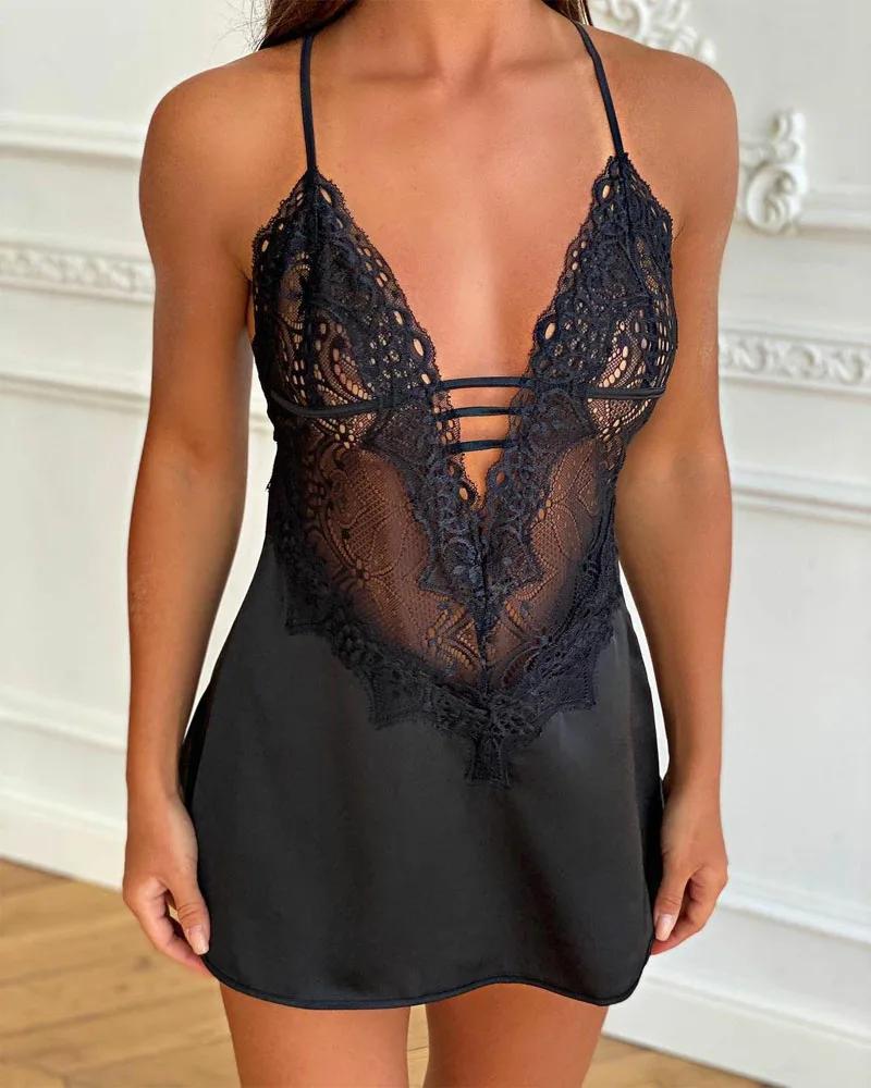 

Women Dress Perspective Black Hollow Cross Straps Open Back Sexy Nightdress Ultra Short Lace Home Sexy Deep V Pullover Dress