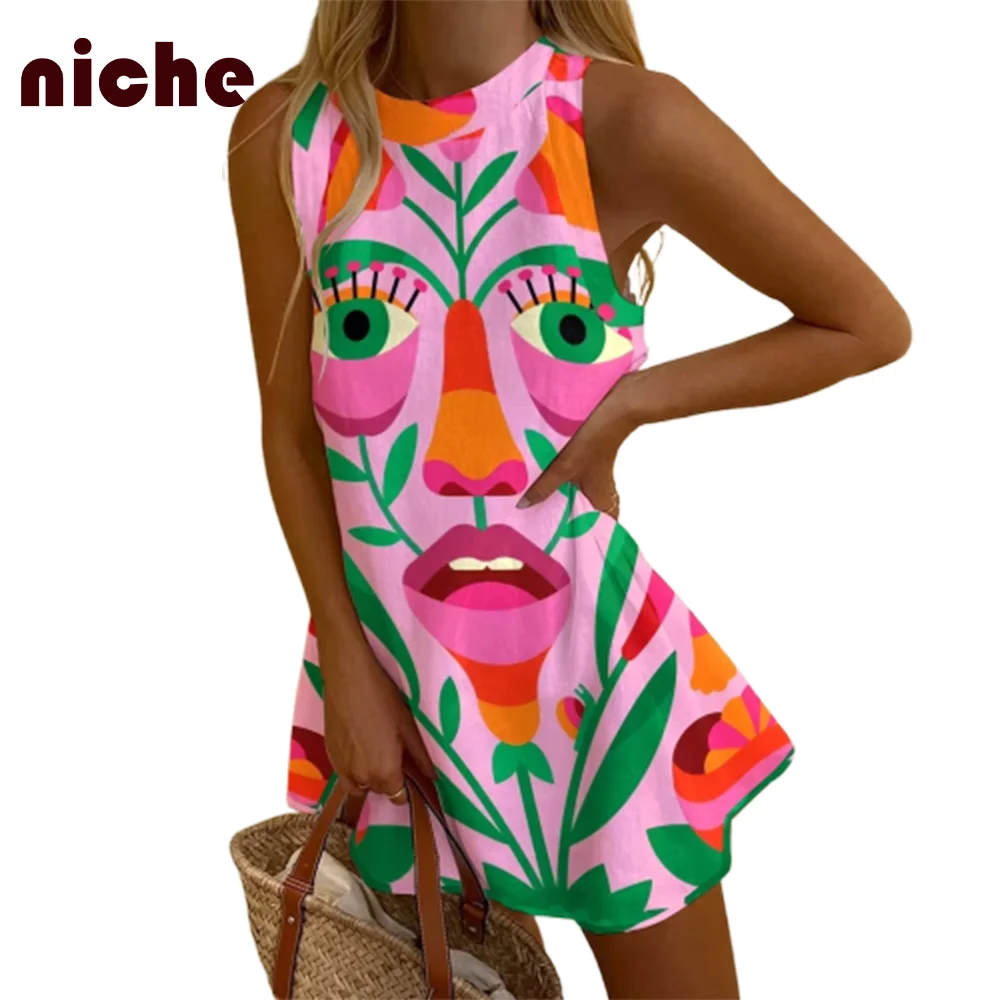 Платье женское из хлопка и льна шикарная модная юбка без рукавов с абстрактным