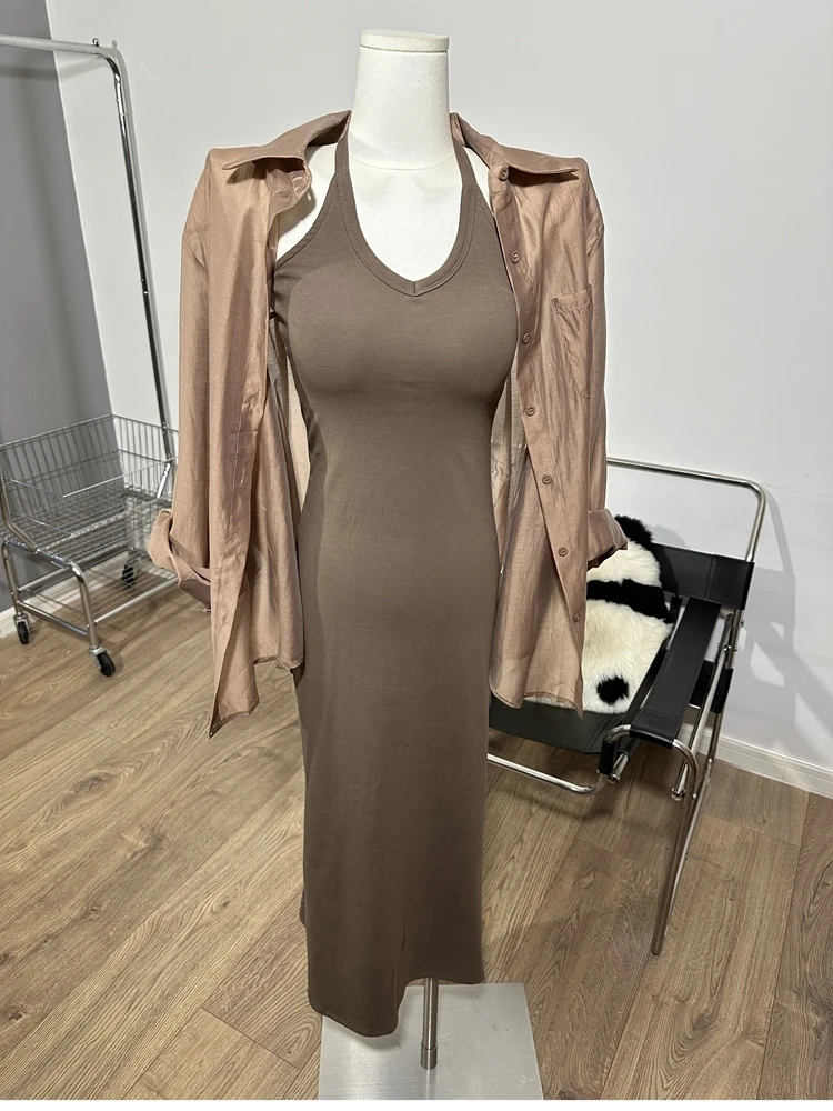 The Gas Field Is Very Sufficient ~ Chest Pad Hanging Neck V-neck Backless Dress Pocket Long sleeve Loose Sun Protection Shirt...