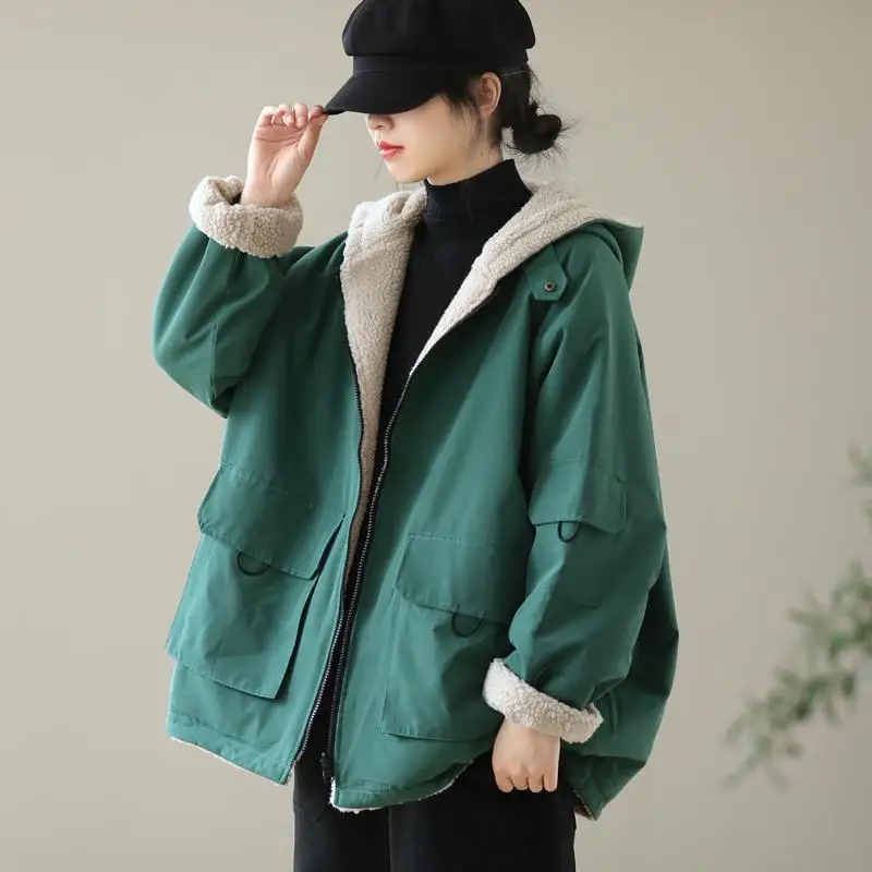 Winter Coat for Women Oversize Fur Lined Coat Hooded Cotton Jacket Warm Jackets Parkas Loose Korean Fashion Outwear Plus Velvet