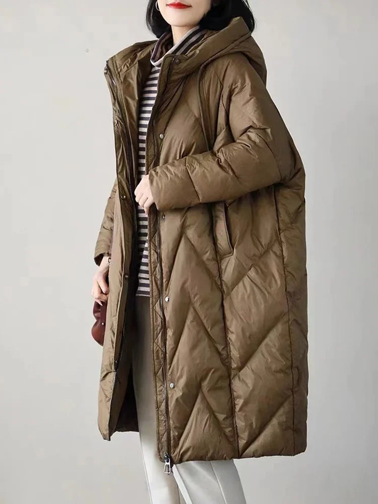 

Fashion 2022 New Women 90% White Duck Down Long Jacket with Hooded Casual Loose Thick Parkas Female Winter Warm Windproof Coat