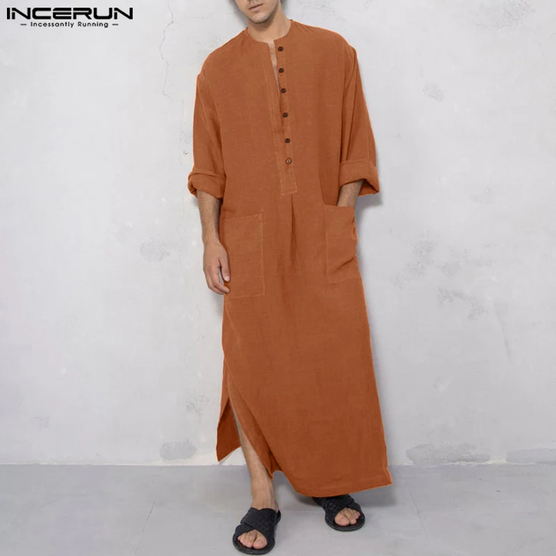 

INCERUN 2023 Men Jubba Thobe Kaftan Solid V Neck Long Sleeve Vintage Robes Men Arabic Islamic Caftan Cotton Casual Abaya S-5XL