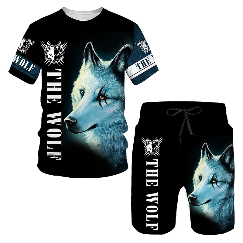 

European And American Summer T-Shirt Suits Men's Sportswear Street Fashion 3D Wolf Pattern Printing Short-Sleeved Loose Clothes
