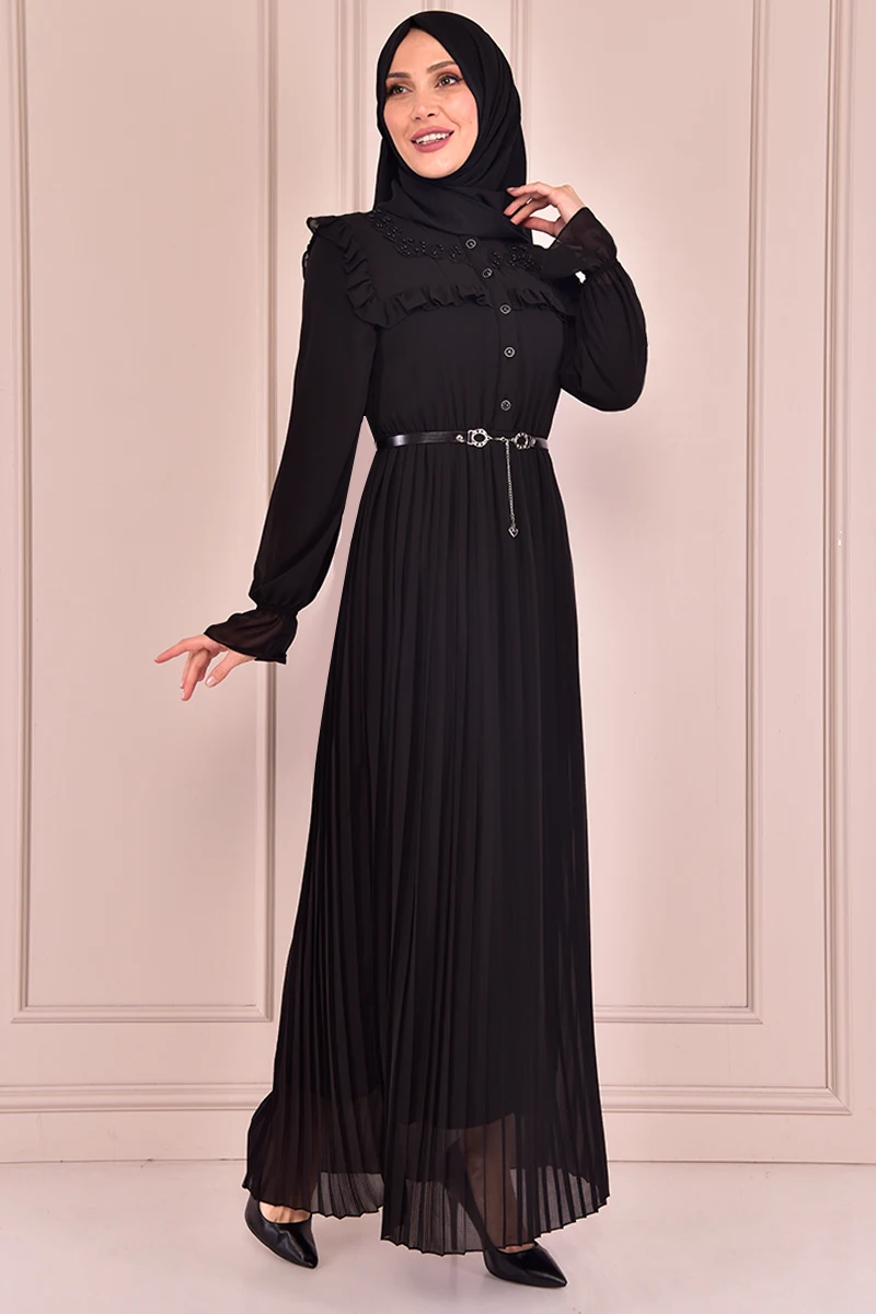 Плиссированное шифоновое платье черного цвета TKN3501