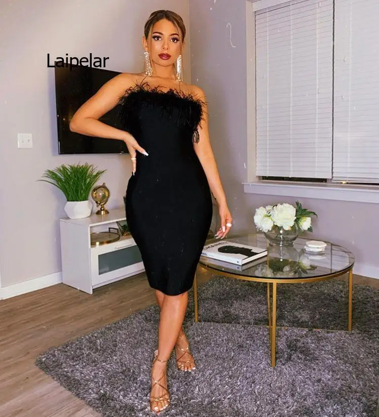 

Женское платье-миди без бретелек, черное облегающее платье с открытой спиной и перьями, дизайнерское модное Клубное платье для вечерние, ле...