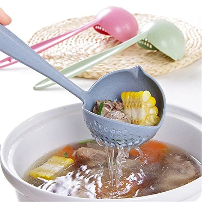 

2 In 1 Creative Wheat Straw Soup Spoon Long Handle Lovely Porridge Spoons With Filter Dinnerware Kitchen Colander Tools PC899263