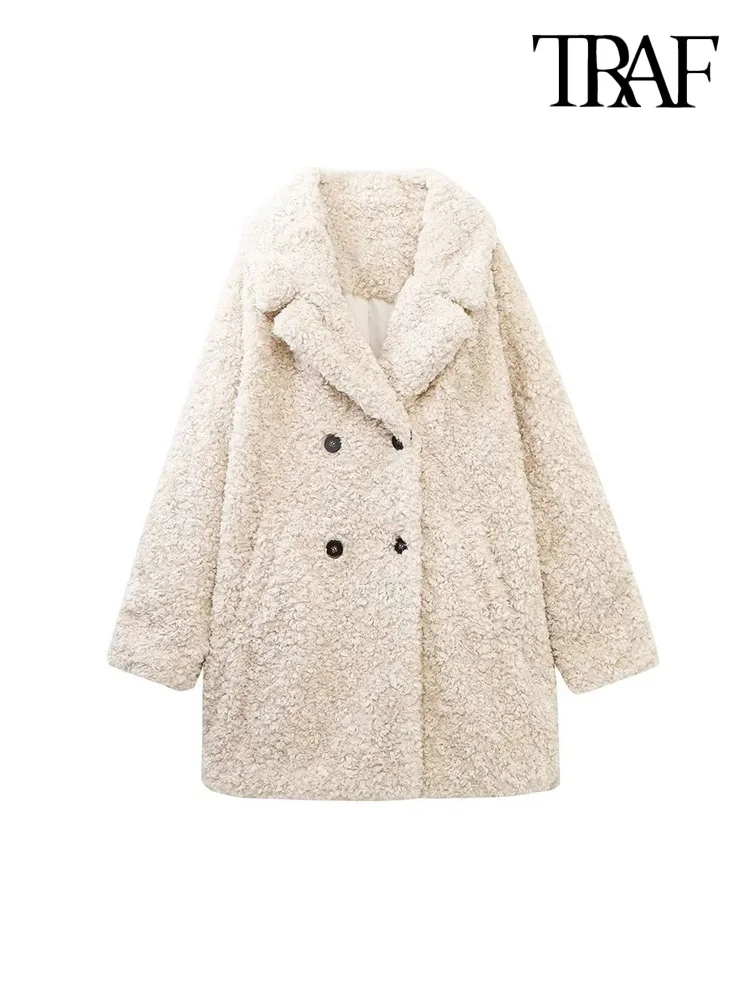

TRAF Women Fashion Thick Warm Double Breasted Faux Fur Coat Vintage Long Sleeve Pockets Female Outerwear Chic Overcoat
