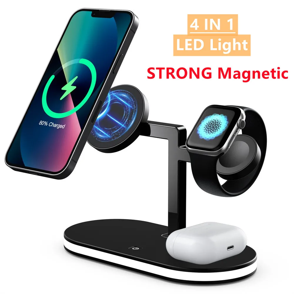 

LED Lights Magnetic Wireless Charger Stand For iPhone 14 13 12 Pro Max Mini Apple Watch SE 7 6 Fast Charging For Airpods Pro 3 2