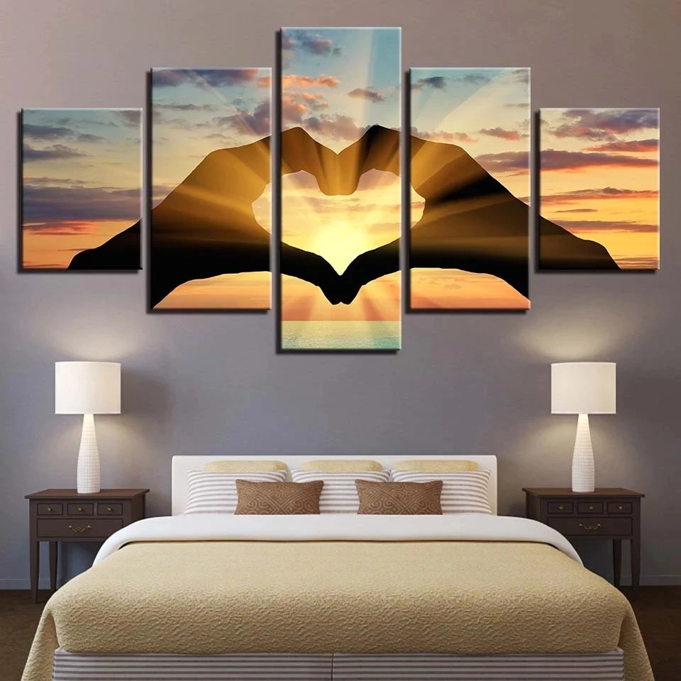 

Modern Scenery HD Prints Decor Room Frame 5 Pieces Heart Shape Sunset Sunshine Paintings Wall Art Canvas Pictures Poster Modular