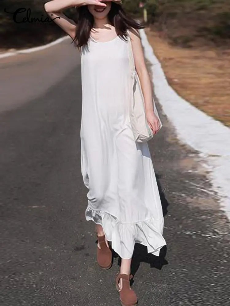 

Celmia Summer Round Neck Maxi Tank Dresses Casual Loose 2022 Fashion Women Sleeveless Robes Holiday Ruffled Hem Beach Sundress