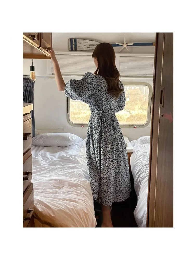 

French Style 2022 Summer O Neck Elegant Half Lantern Sleeve Loose Waist Casual Long Blue Floral Printed Cotton Dress Women