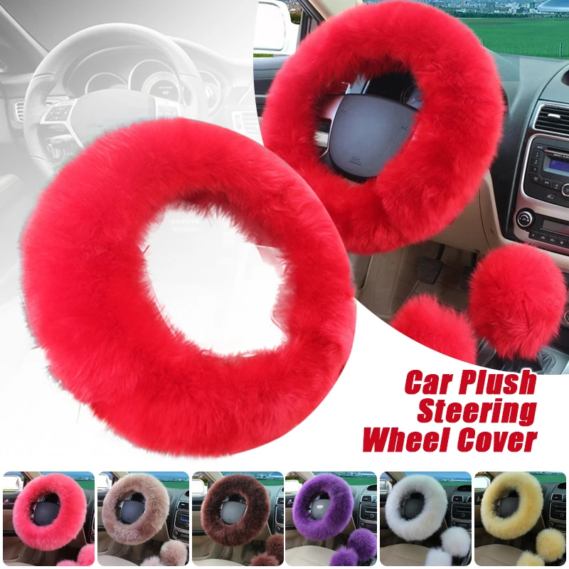 38cm Red Pure Wool Steering Wheel Cover Real Sheepskin Auto Plush Warm Fluffy Fuzzy Car Accessories Women Girl Auto Interior