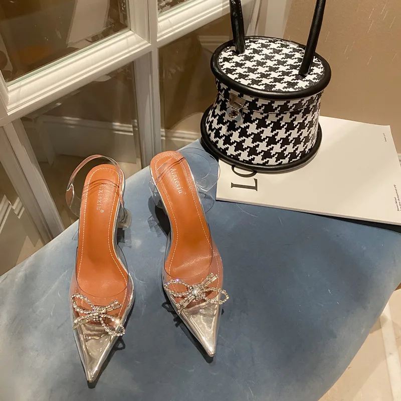 

Silver PVC Clear Women's Pumps Crystal Pointed Toe Pumps Women's Plexiglass Spike Heel Strap Pumps, Size 41