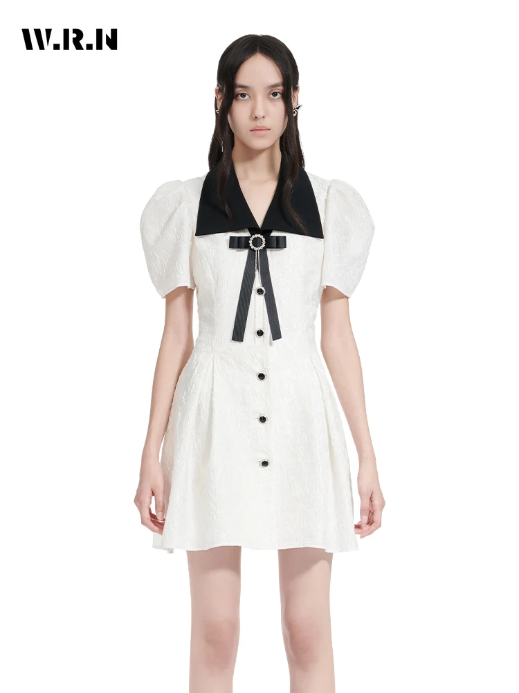 

2023 Summer Vintage Casual Short Sleeve Turn Down Collar Dresses Women's Elegant Classic Office Lady A-Line Ladies Bow Dress