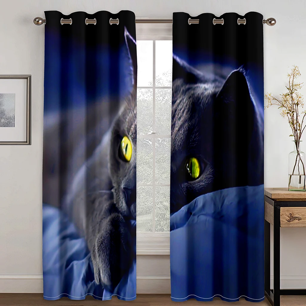 

Black Cat 3D Print Curtains for Living Room Personalized Decorative Curtain for Kids Bedroom Grommet Top Room Decor Blue 2PCS