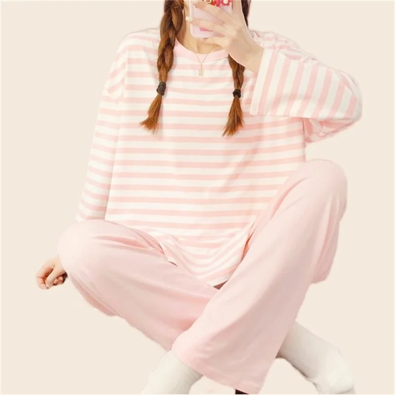 Women's Stripe Pajamas Set Sweet Pink Pyjama Big Size Soft Cotton Homewear Cozy Sleepwear Princess Cute Style 2 PCS/Set Pjs