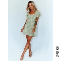 explosions women midi dress new european style 2022 new summer square collar plaid short sleeve a line casual vintage dress