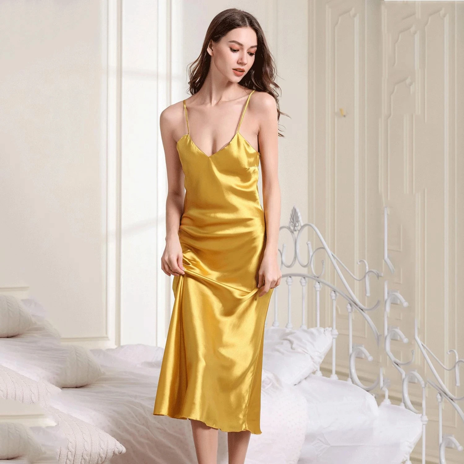

Long Nightdress Women's Satin Summer Solid V Neck Sling Ladies Nightgown Silk Nightwear Lingerie Sexy Nightie Sleepwear Female