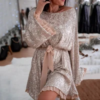 2022 women fashion dress western style long sleeve round neck sequins patchwork loose elegant chic mid length ladies prom dress