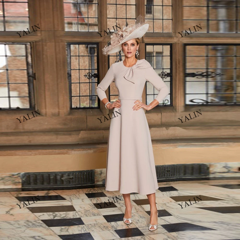 

YALIN Simple Mother Wedding Guest Gowns Pleated A-Line Mother Of The Bride Dresses With Bow Three Quarters Sleeve Evening Dress