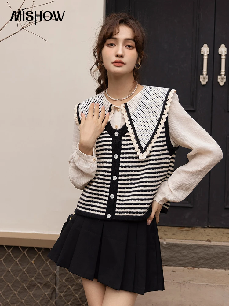 

MISHOW Sweater Women Autumn Korean Vneck Striped Single Breasted Knitted Vests Loose Outerwear Sleeveless Cardigan MXB35Z0831