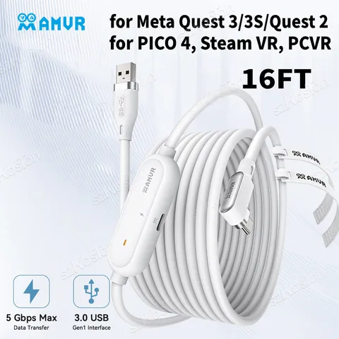 AMVR 16FT VR Link Cable Type-C USB с отдельным портом быстрой зарядки для Meta Quest 3/3S/ Quest2 Pico4 Steam VR PCVR Аксессуары
