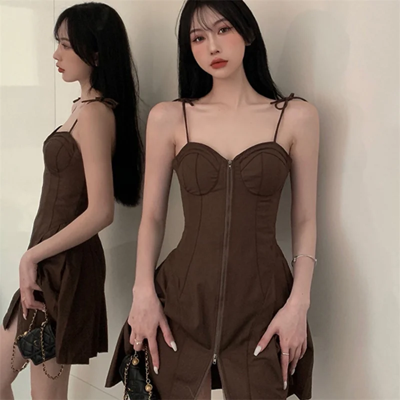 

Летнее платье на бретелях с застежкой-молнией, Женская юбка трапециевидной формы в ретро-стиле, привлекательная модная тонкая элегантная д...