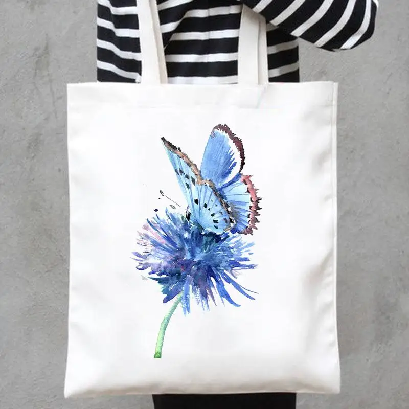 

Холщовые сумки с принтом, повседневная сумка-шоппер на плечо с изображением растений и бабочек, трендовая Милая женская модная сумка-тоут в стиле 90-х