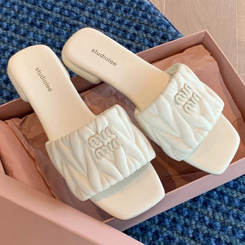 

Женские Плиссированные шлепанцы, сандалии на плоской подошве, пляжные шлепанцы без застежки, повседневная обувь для улицы, лето 2023