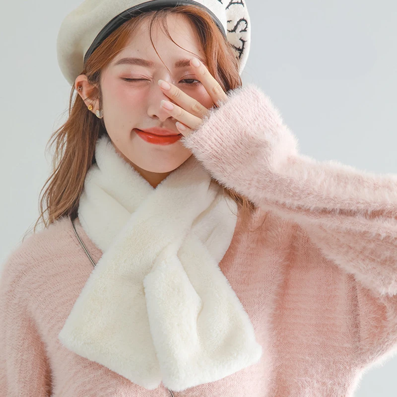 

Белый шарф, женские Роскошные теплые зимние шарфы из искусственного меха, милый мягкий шарф, однотонный платок, женский шарф для зимы