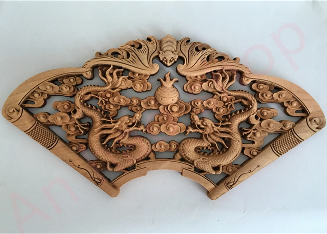 

Fan-shaped antique wood carving ornaments, double dragons playing with beads, exquisite Chinese handicrafts, auspicious ornament