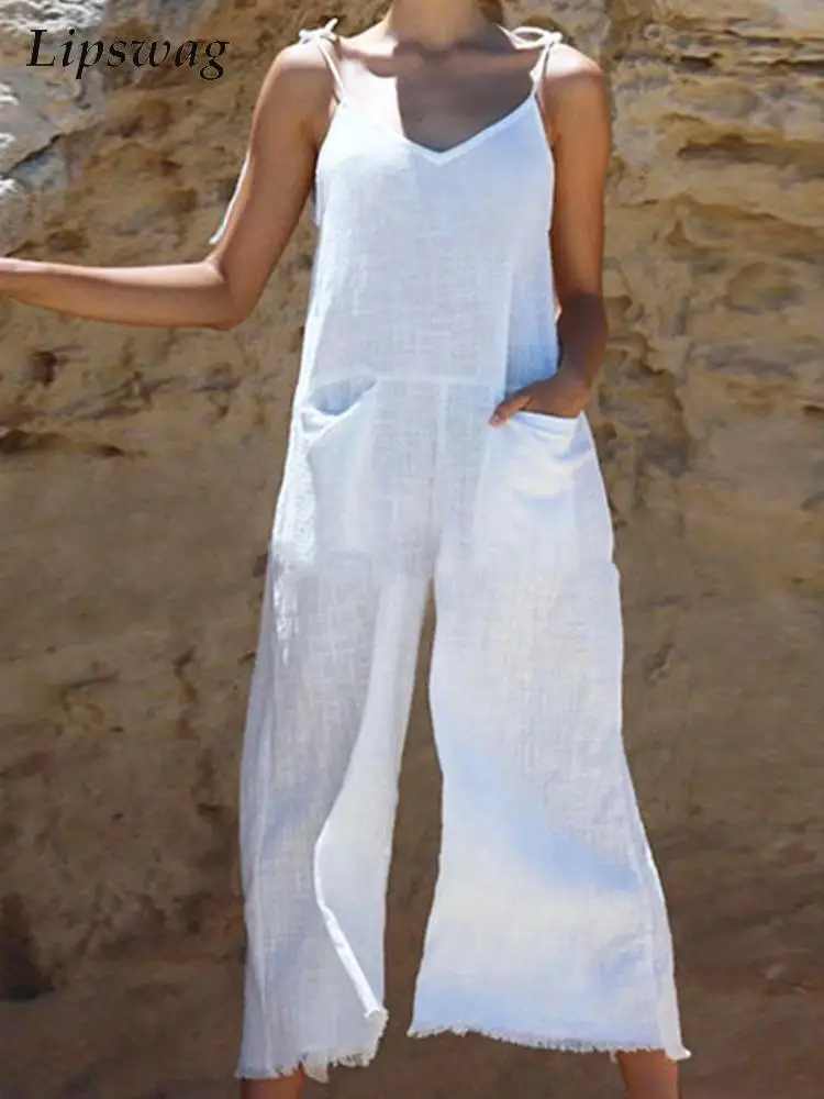 

Fashion Cotton Linen Playsuit Overalls Women Summer Tie-up Straps Loose Solid Jumpsuit Casual Loose Pocket Straight Pant Romper