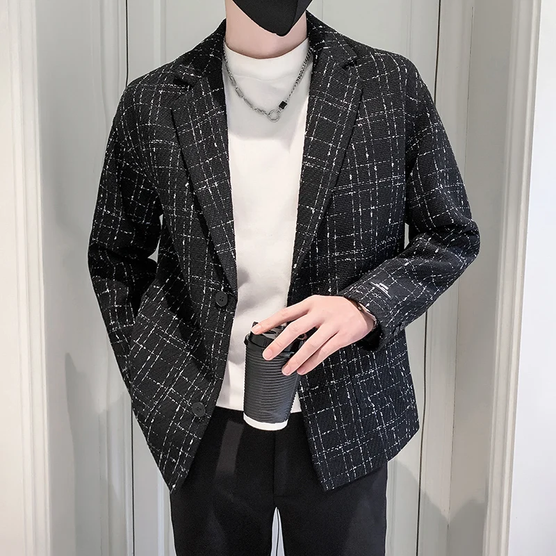

2023 Spring Plaid Men Blazers High-quality Casual Suit Jacket Wedding Business Dress Coat Streetwear Social Blazer Masculino